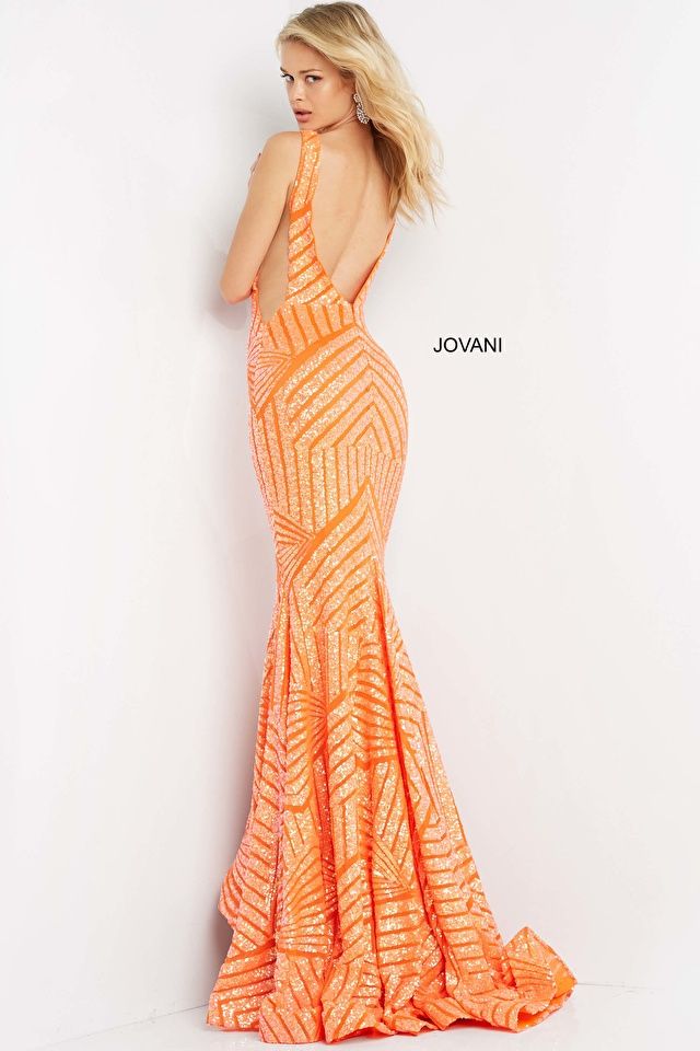 Style 59762 Jovani Size 6 Pageant Sequined Orange Mermaid Dress on Queenly