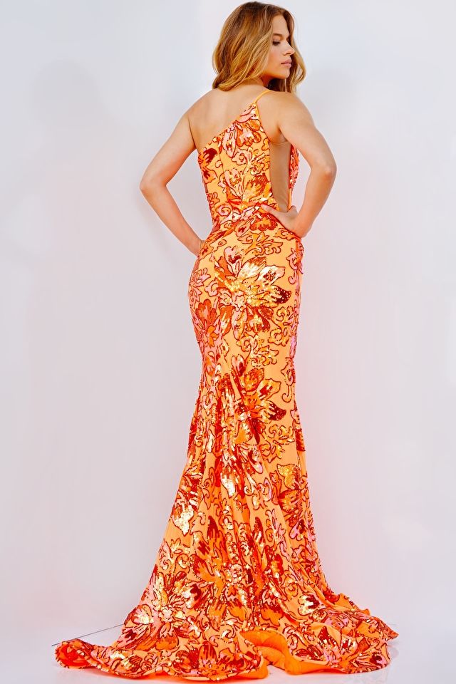 Style 8460 Jovani Size 2 Pageant One Shoulder Sequined Orange Mermaid Dress on Queenly