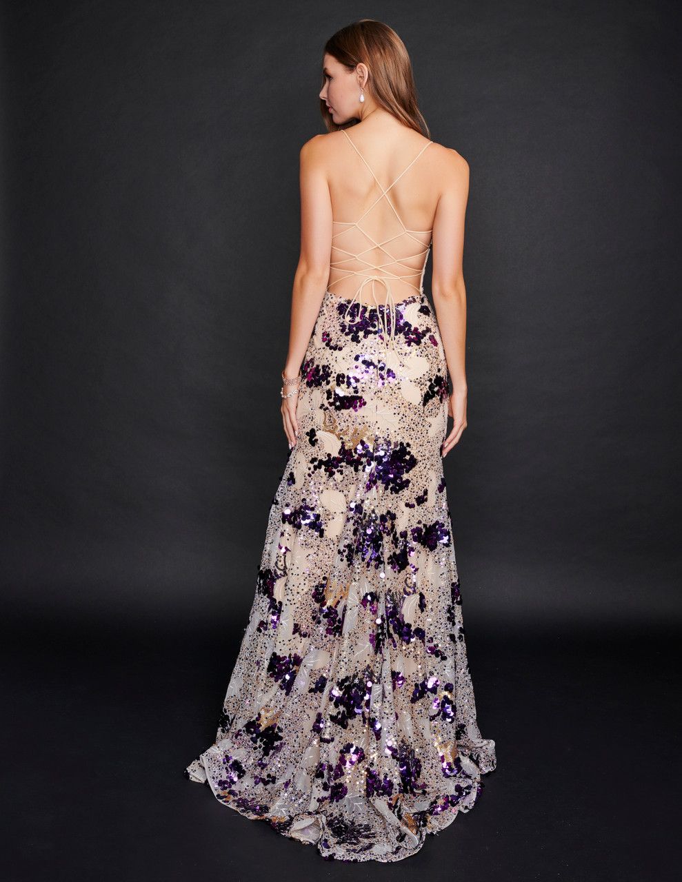 Style 3221 Nina Canacci Size 4 Pageant Floral Purple Side Slit Dress on Queenly
