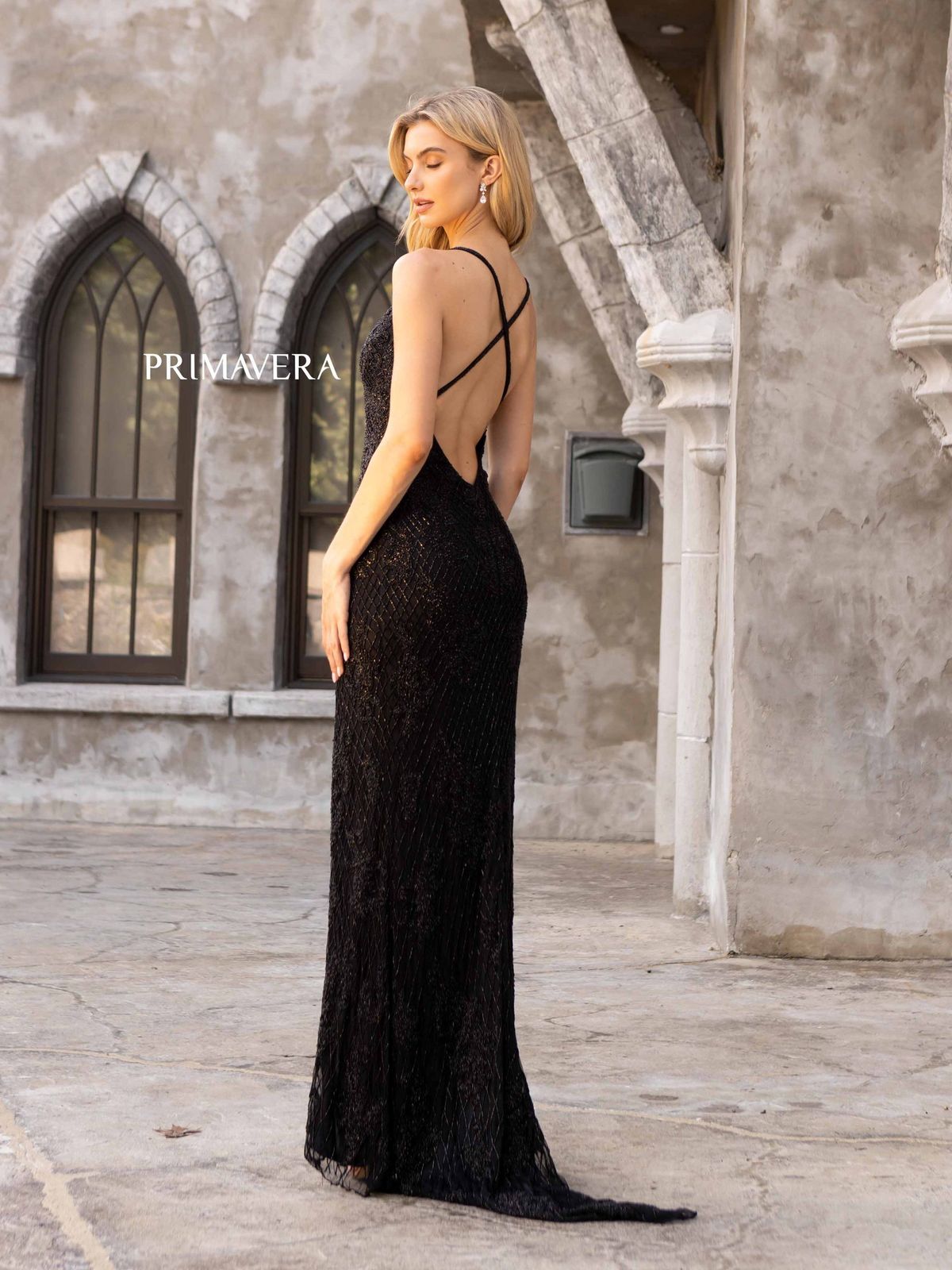 Style 3907 Primavera Size 0 Sequined Black Side Slit Dress on Queenly