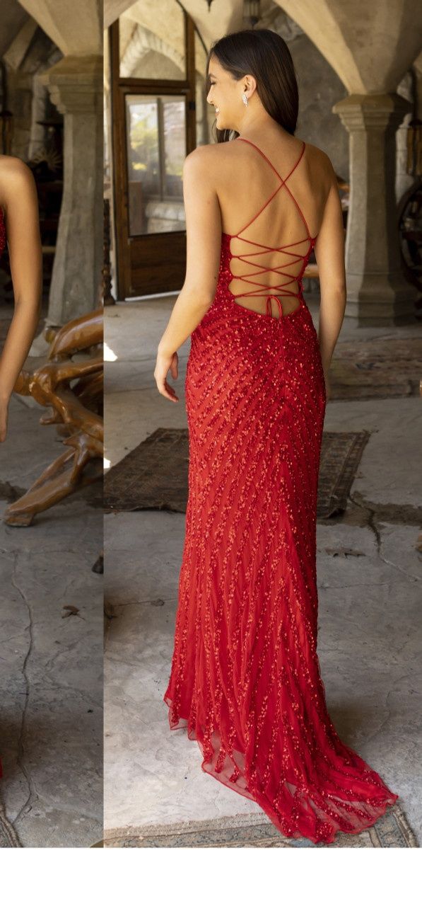 Style 3943 Primavera Size 0 Sequined Red Side Slit Dress on Queenly