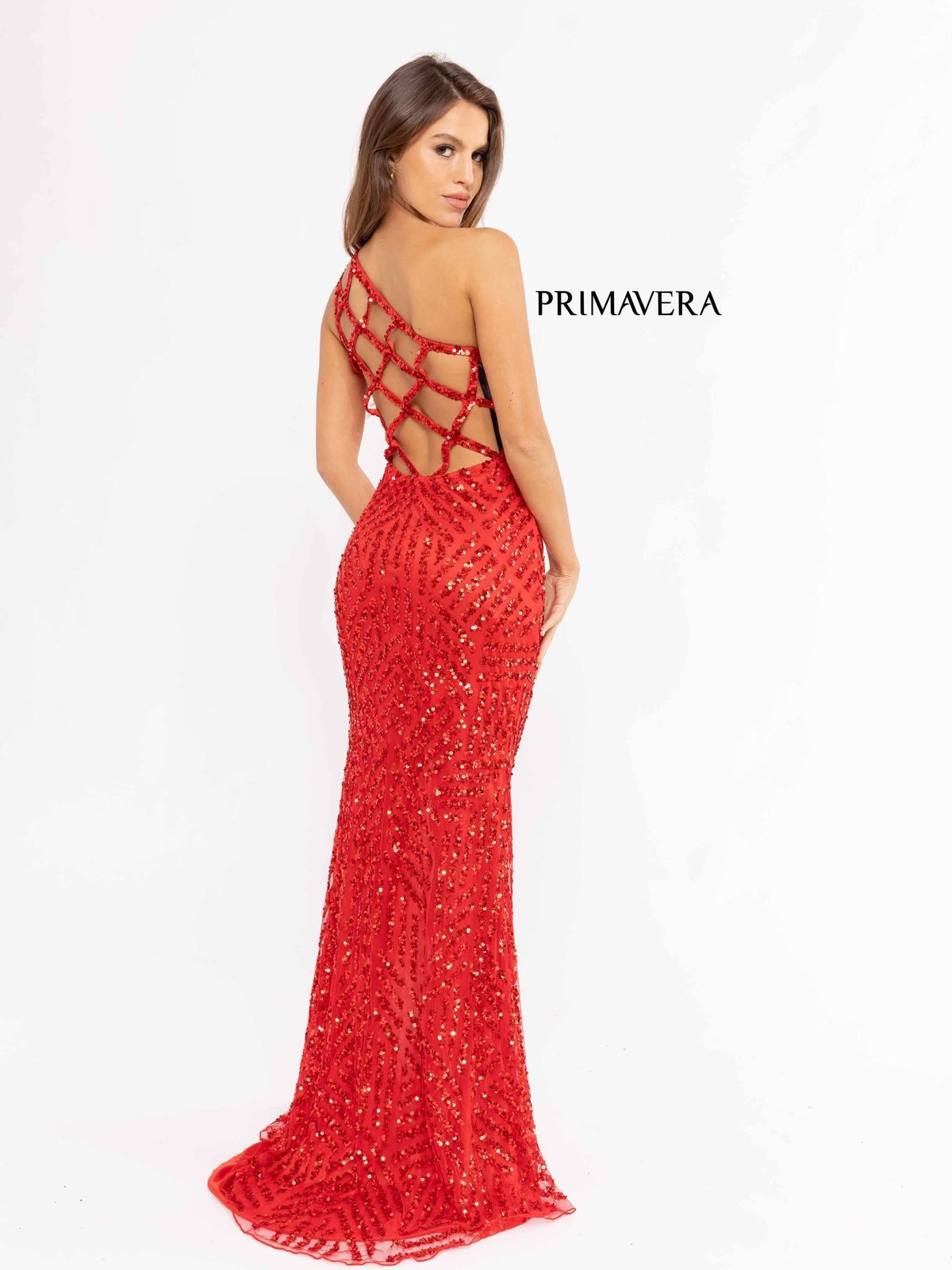 Style 3951 Primavera Size 0 Pageant Sequined Red Side Slit Dress on Queenly
