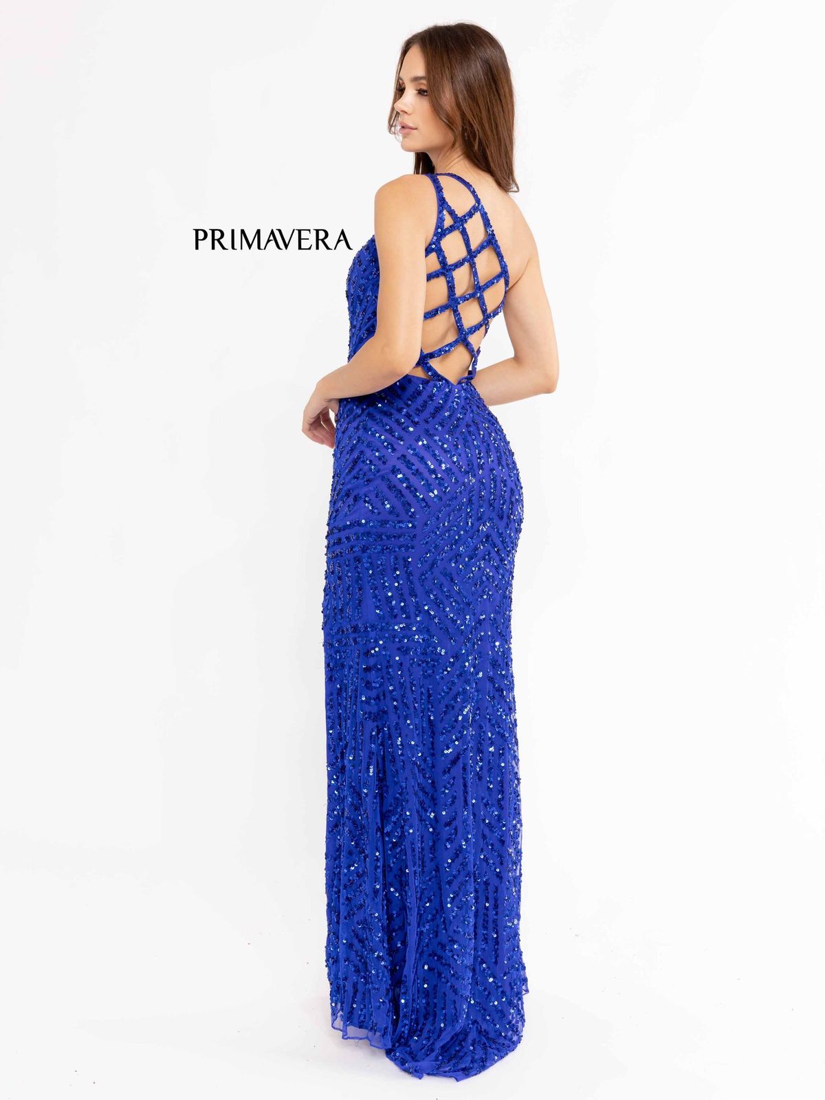 Style 3951 Primavera Size 2 Pageant Sequined Royal Blue Side Slit Dress on Queenly