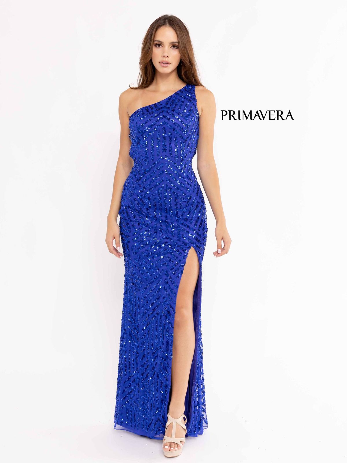 Style 3951 Primavera Size 2 Pageant Sequined Royal Blue Side Slit Dress on Queenly