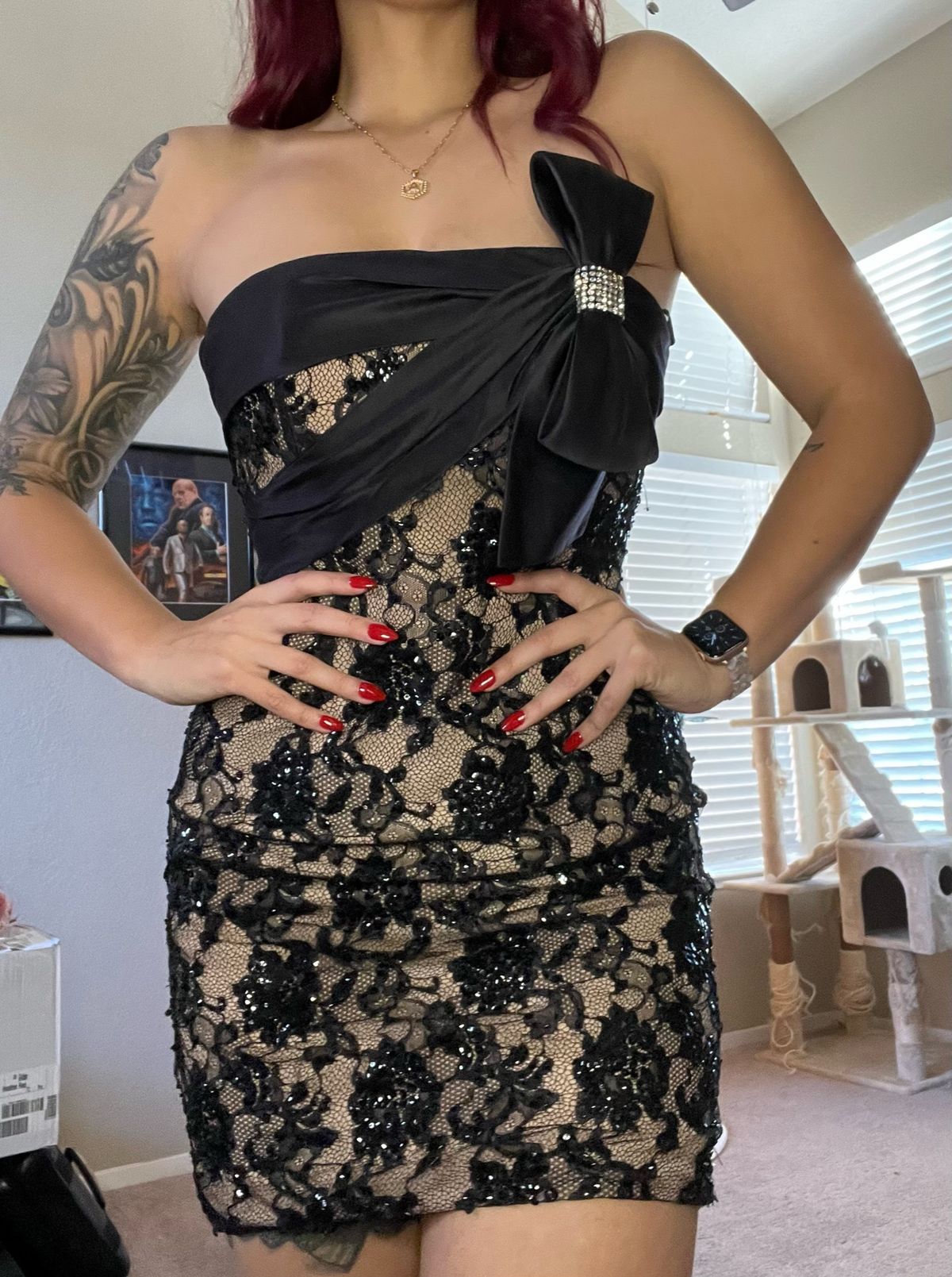 Sherri Hill Size 8 Prom Strapless Lace Black Cocktail Dress on Queenly