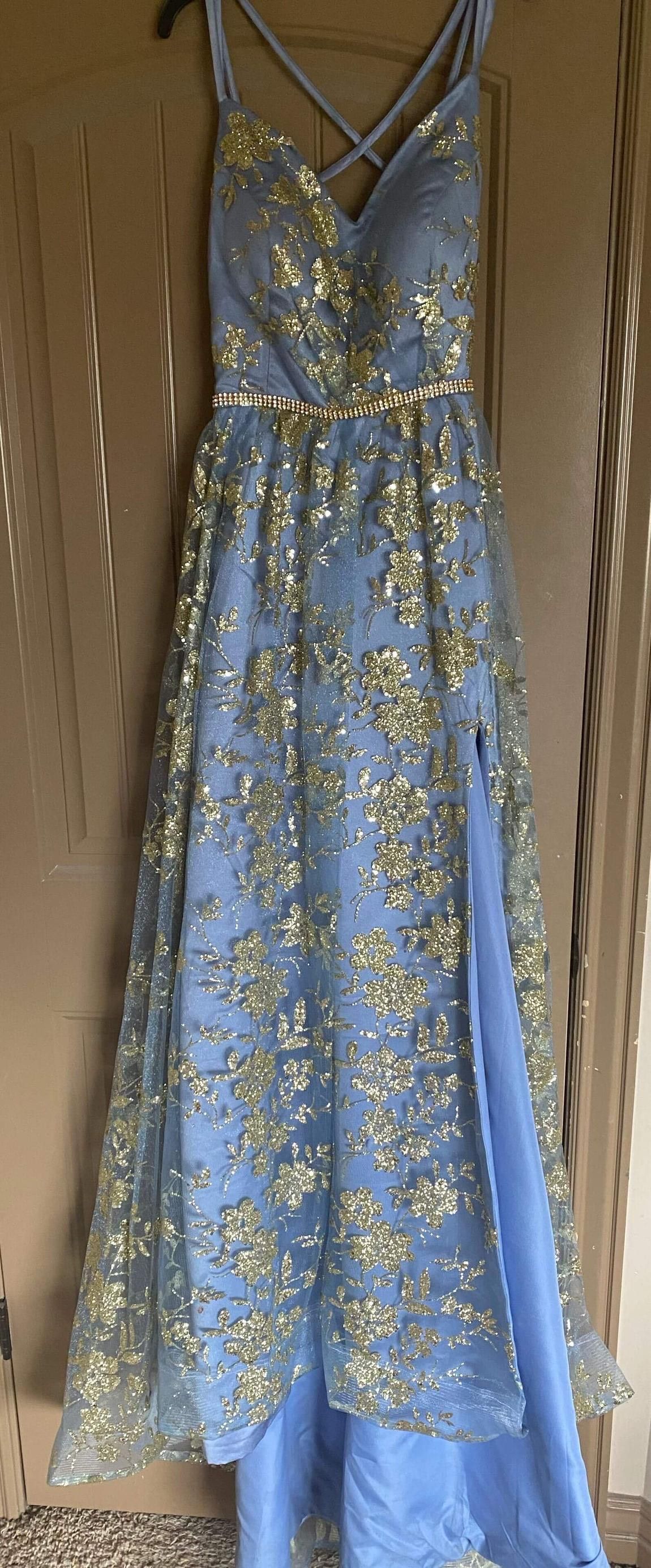 Size 6 Prom Sequined Light Blue Side Slit Dress on Queenly