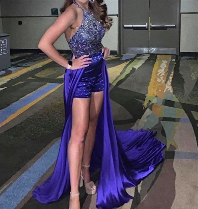Sherri Hill Size 6 Pageant Halter Satin Purple Formal Jumpsuit on Queenly