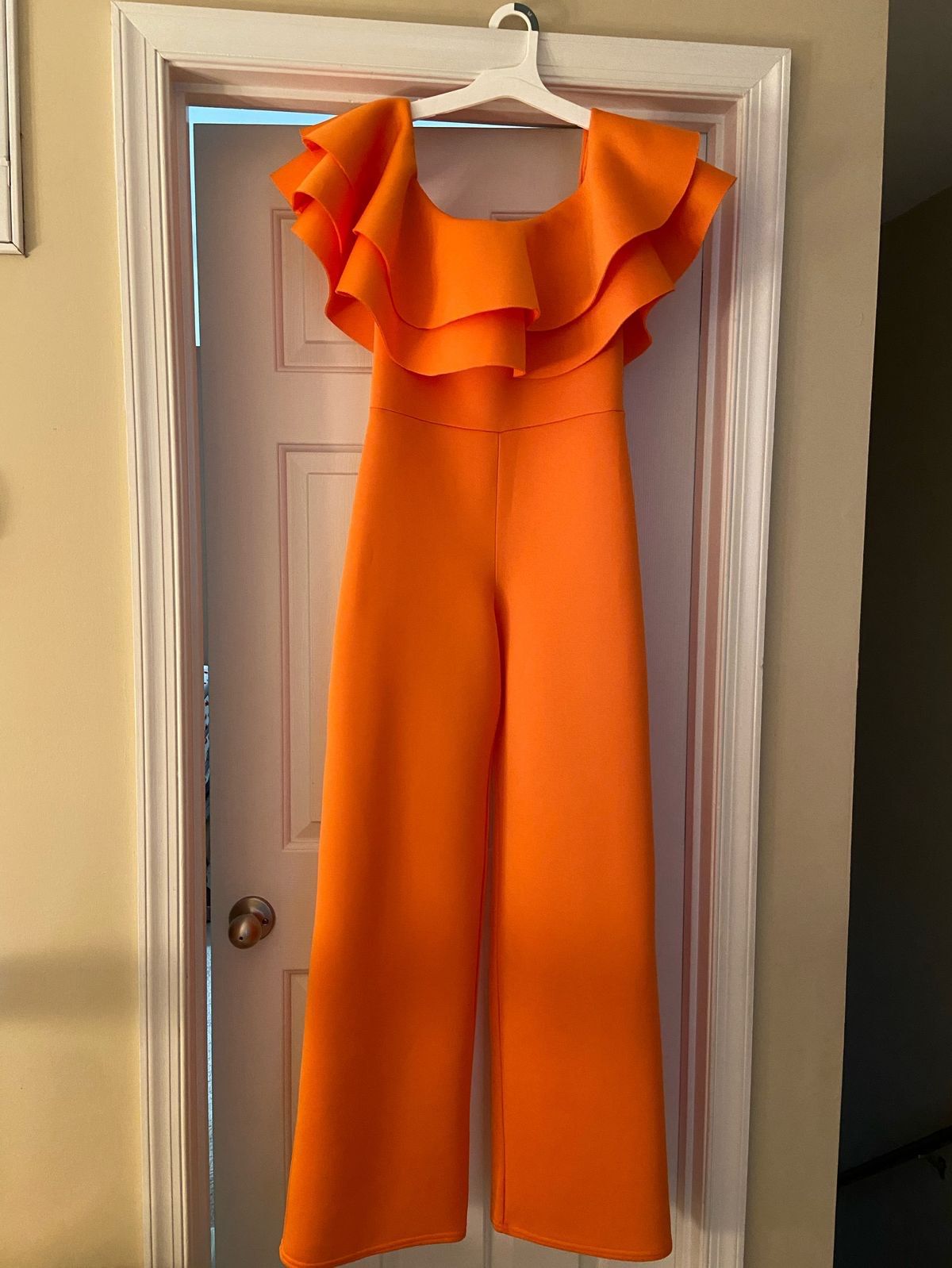 Size 8 Off The Shoulder Orange Formal Jumpsuit on Queenly