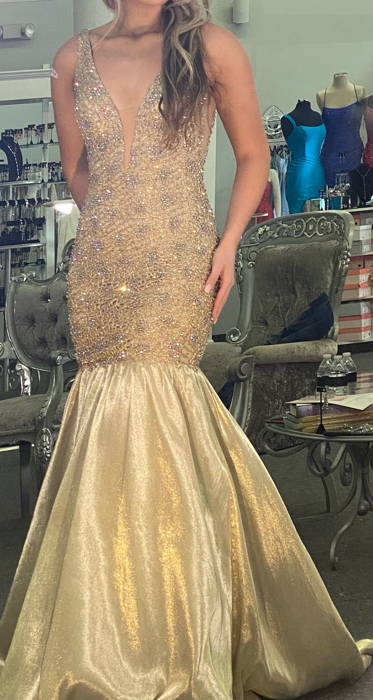 Sherri Hill Size 2 Prom Sheer Gold Mermaid Dress on Queenly