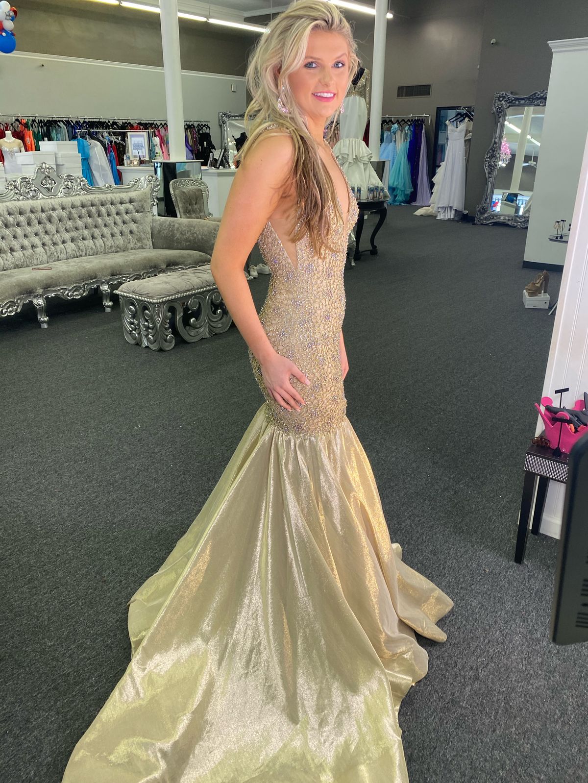 Sherri Hill Size 2 Prom Sheer Gold Mermaid Dress on Queenly