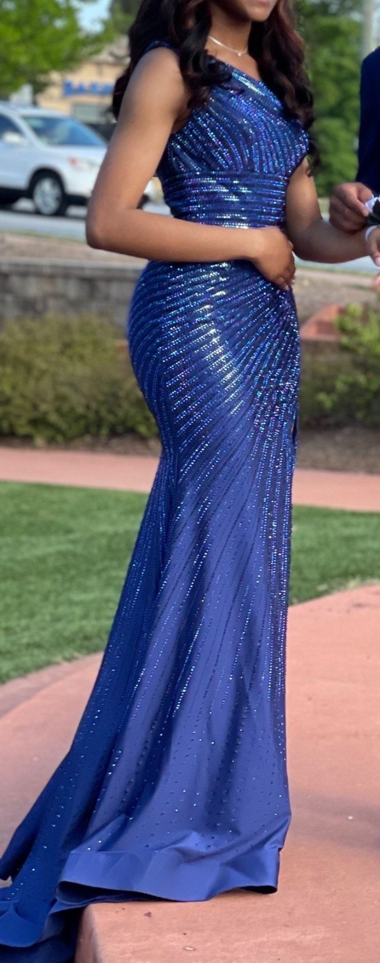 Sherri Hill Size 0 Prom One Shoulder Sequined Navy Blue Mermaid Dress on Queenly