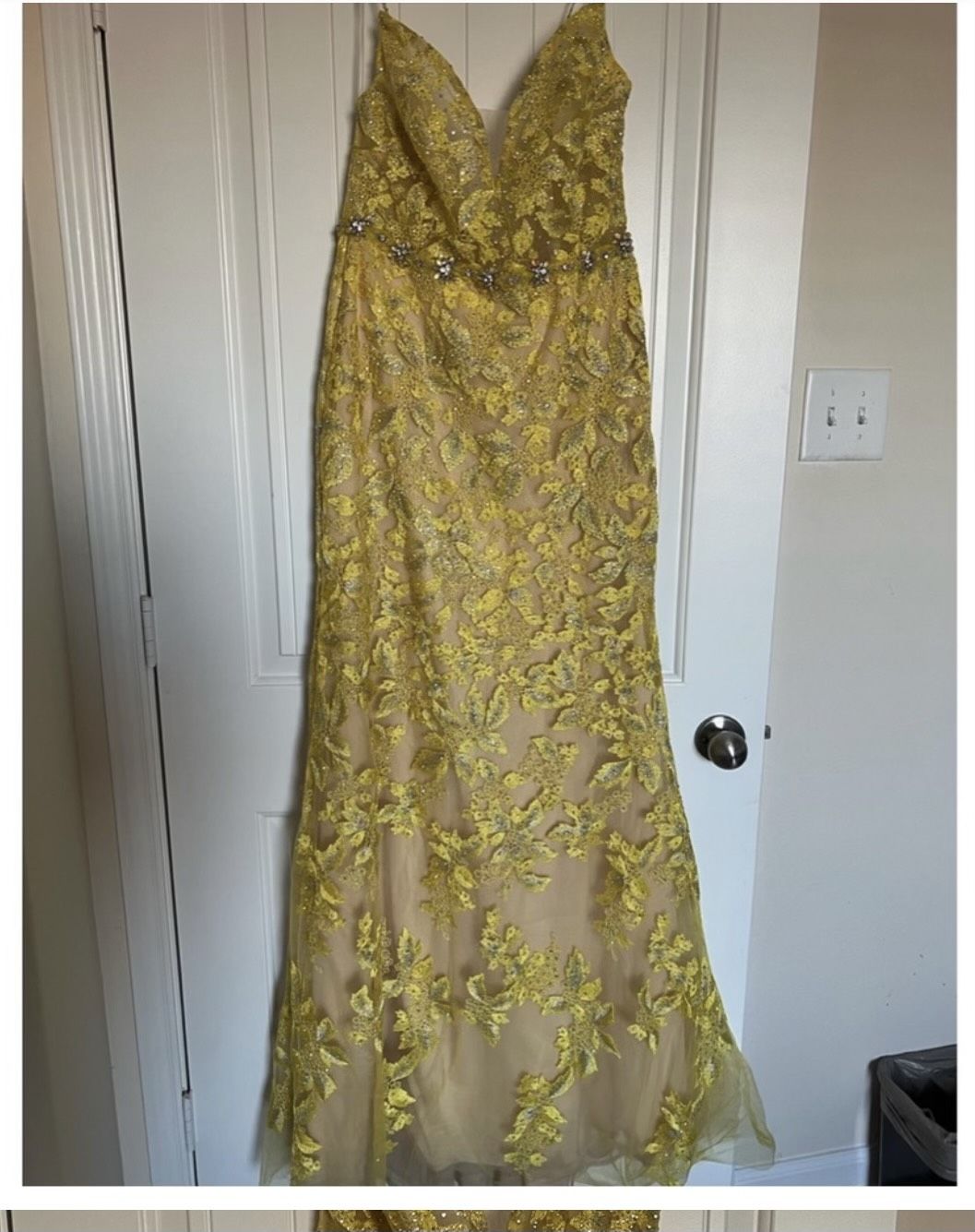 Camille La Vie Size 12 Prom Lace Yellow Mermaid Dress on Queenly