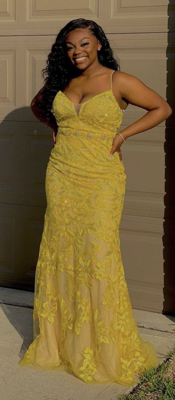camille la vie size 12 prom lace yellow mermaid dress on queenly