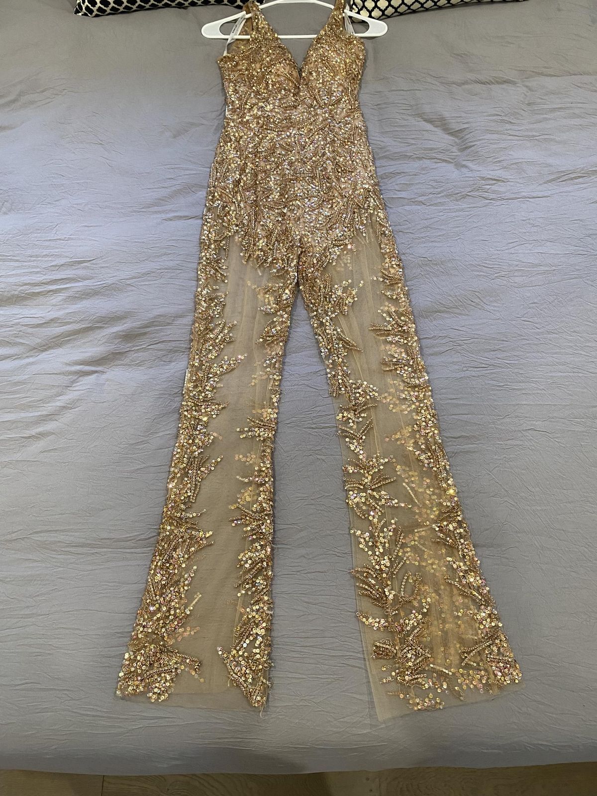 Style 05136 Jovani Size 00 Homecoming Sequined Rose Gold Formal Jumpsuit on Queenly
