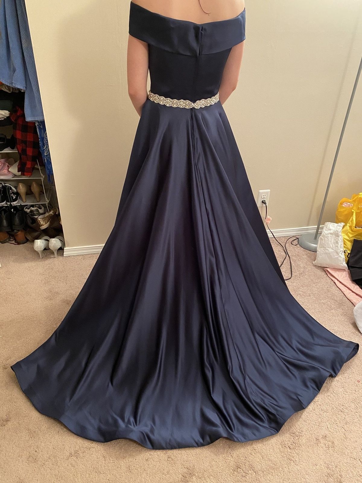 Ashley Lauren Size 8 Off The Shoulder Satin Navy Blue Ball Gown on Queenly
