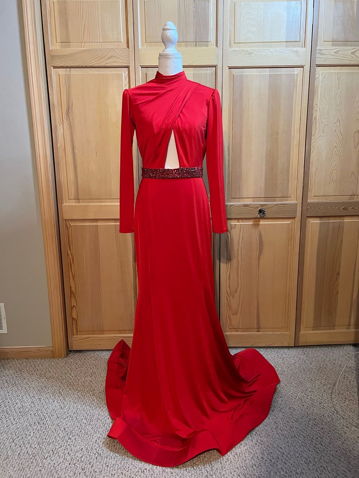 Jovani Size 8 Prom Long Sleeve Sequined Red Floor Length Maxi on Queenly
