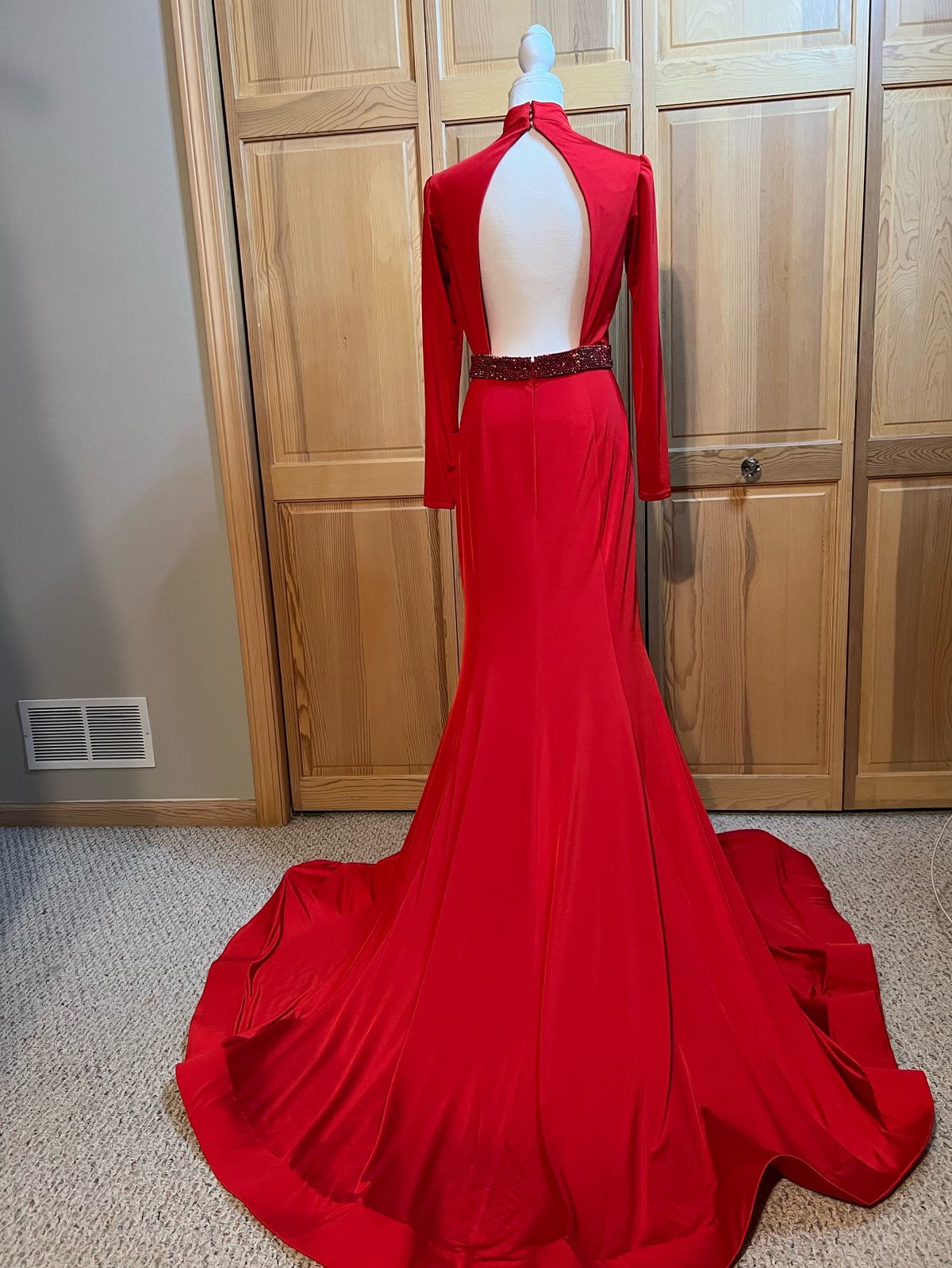 Jovani Size 8 Prom Long Sleeve Sequined Red Floor Length Maxi on Queenly