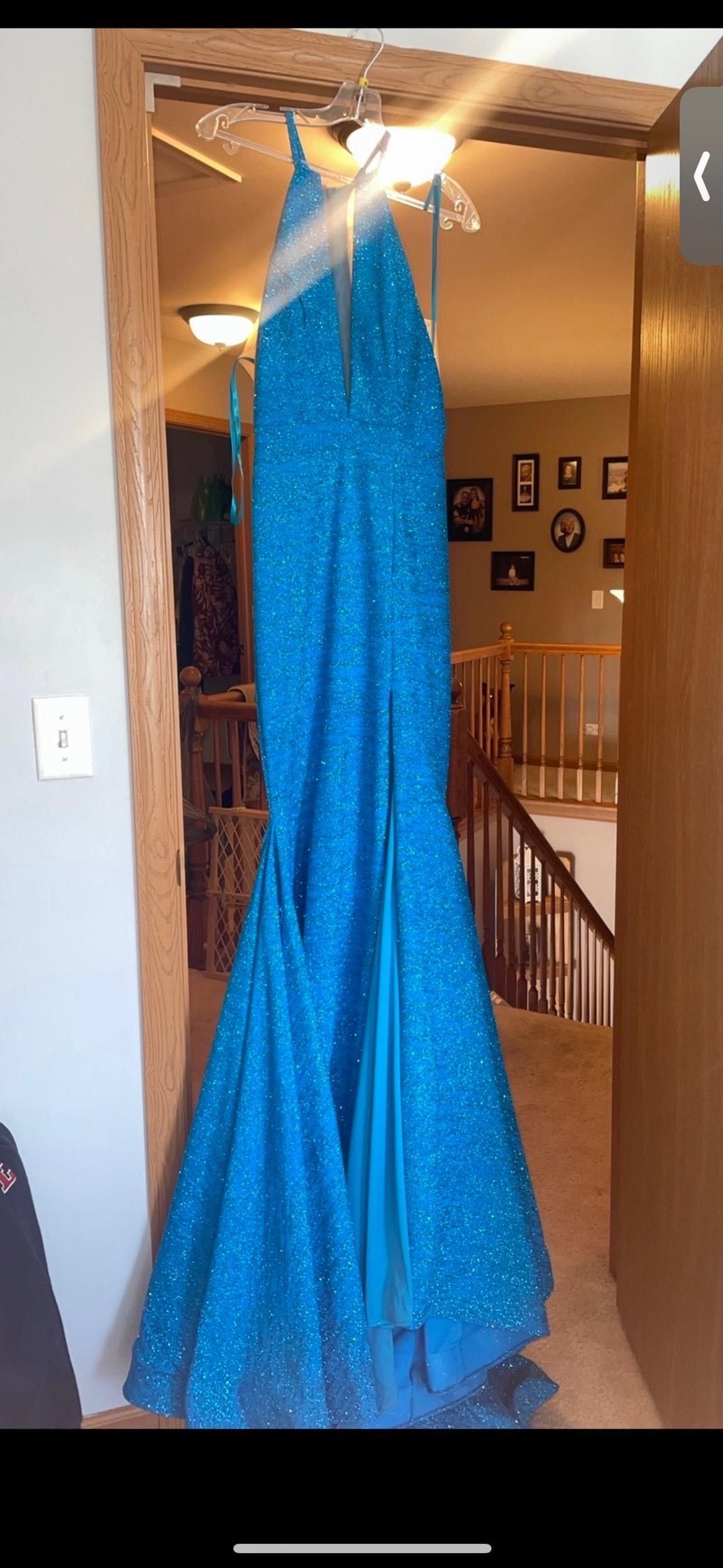 Jovani Size 6 Sheer Blue Mermaid Dress on Queenly