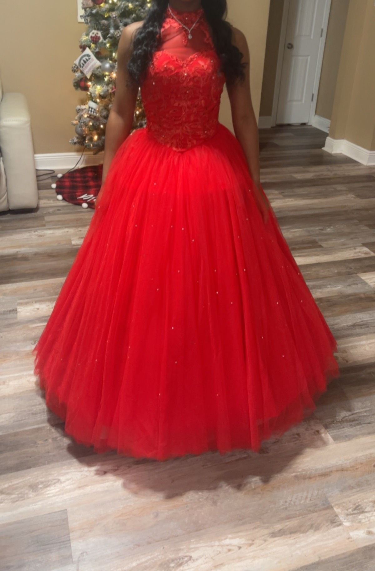 Size 4 Halter Red Ball Gown on Queenly