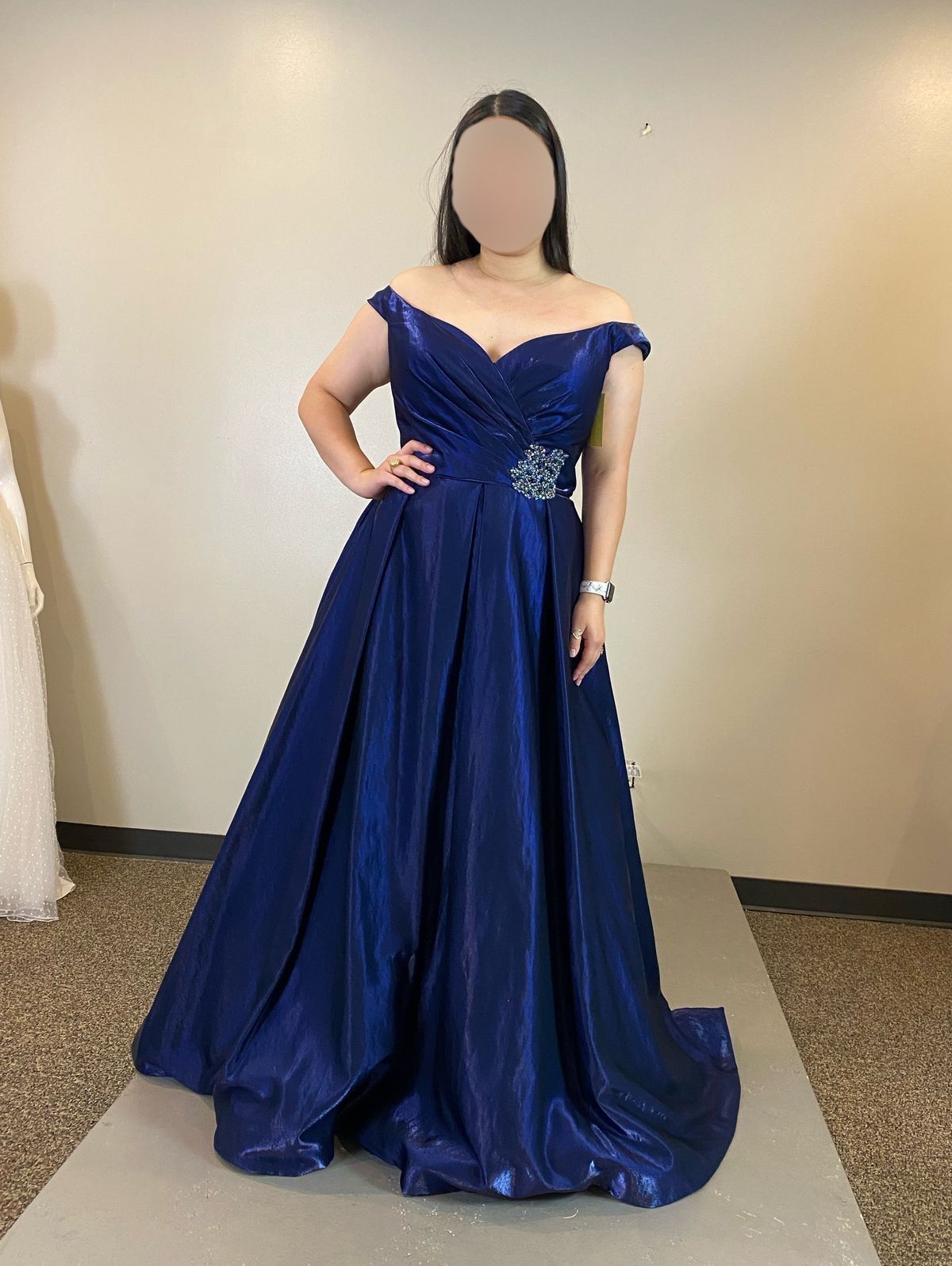 Sherri Hill Size 14 Prom Off The Shoulder Satin Navy Blue Ball Gown on Queenly