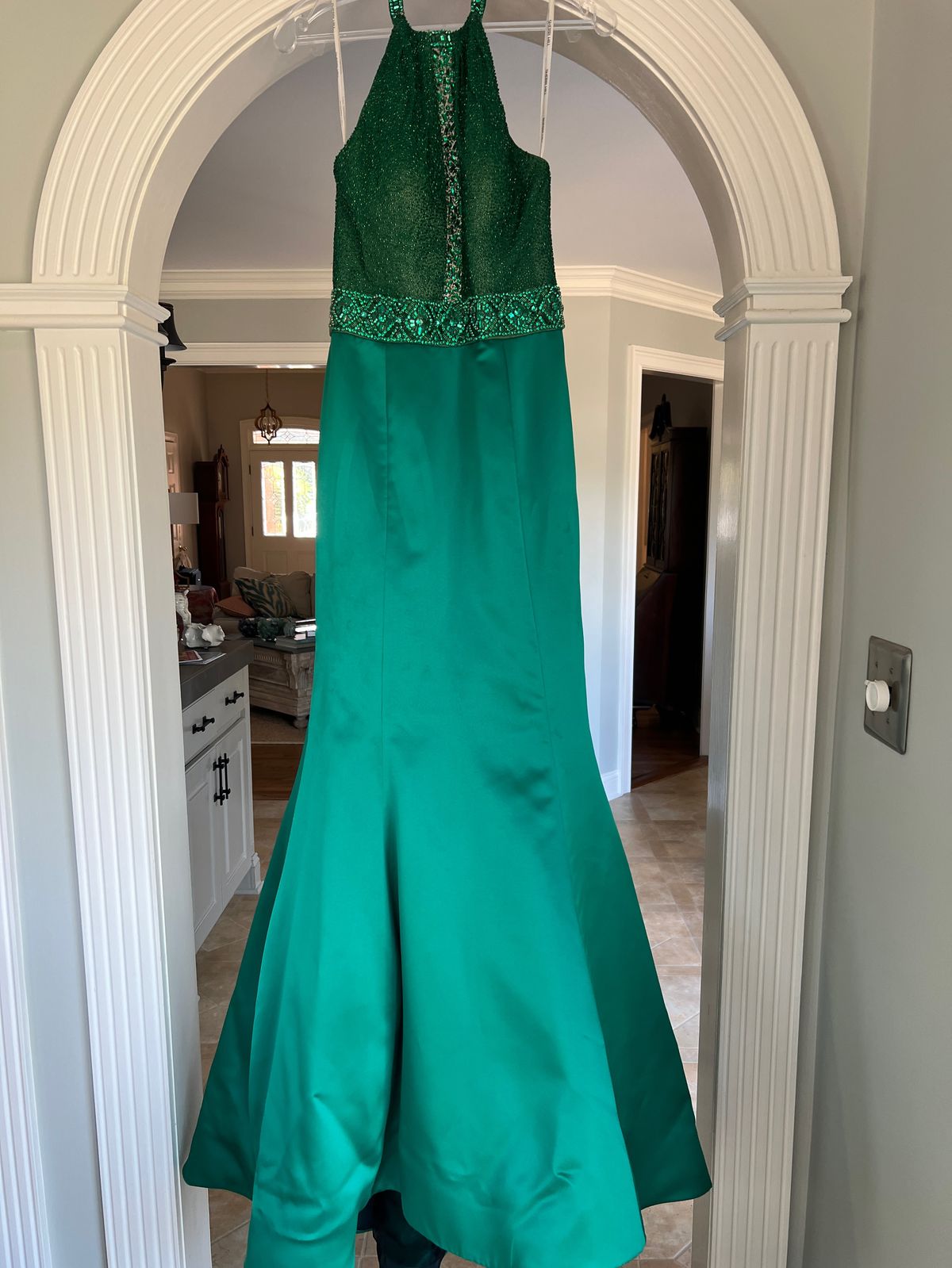 Sherri Hill Size S Prom High Neck Sequined Emerald Green Floor Length Maxi on Queenly
