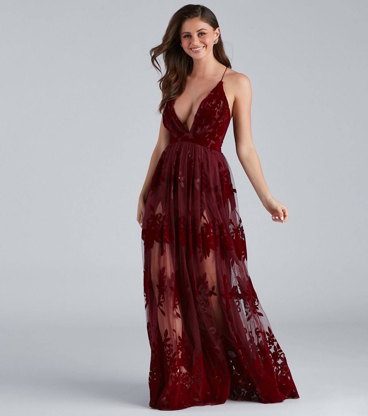 Style 05002-0142 Windsor Size L Bridesmaid Plunge Velvet Red Side Slit Dress on Queenly