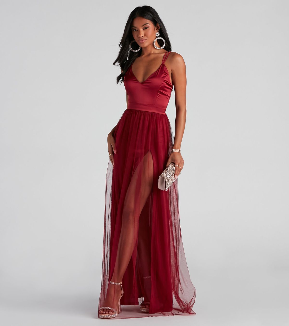 Style 05002-0152 Windsor Size S Bridesmaid Plunge Satin Red Side Slit Dress on Queenly