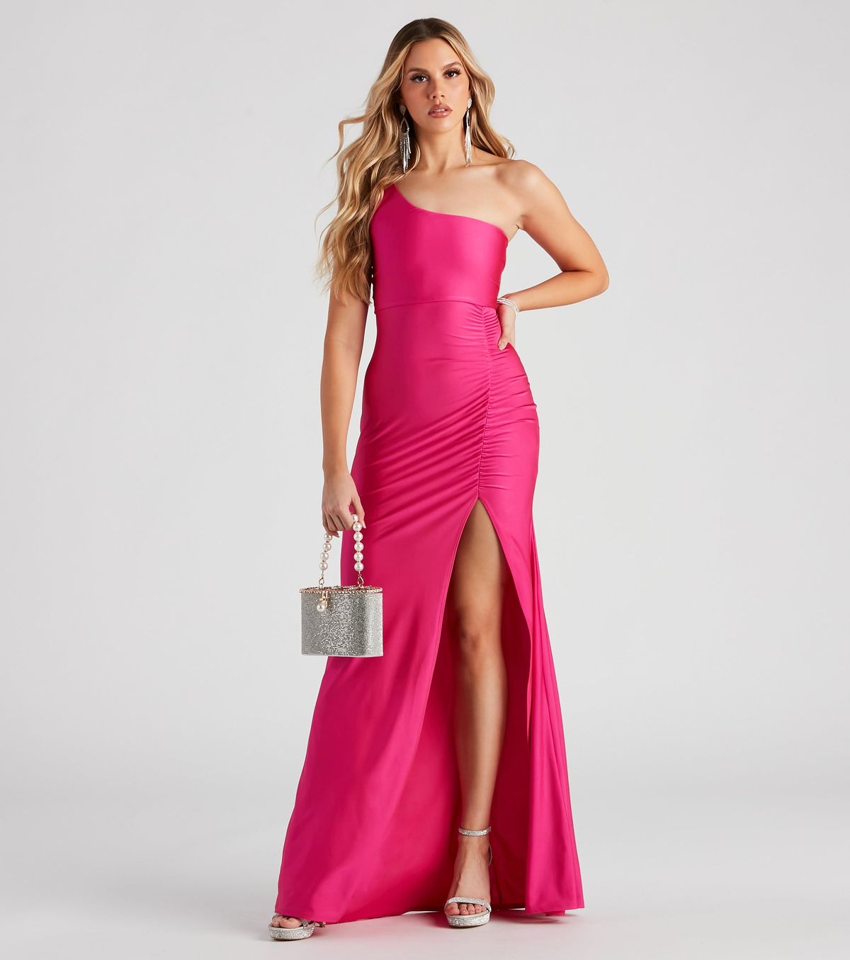 Style 05002-3402 Windsor Size S Bridesmaid One Shoulder Sequined Pink Side Slit Dress on Queenly