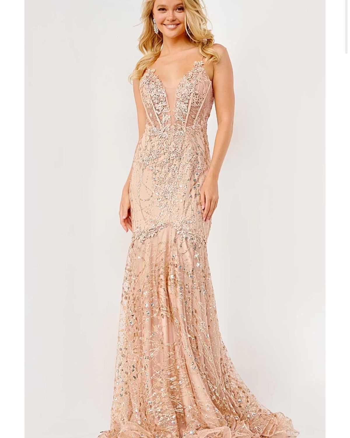 Jovani Size 6 Prom Plunge Lace Gold Mermaid Dress on Queenly