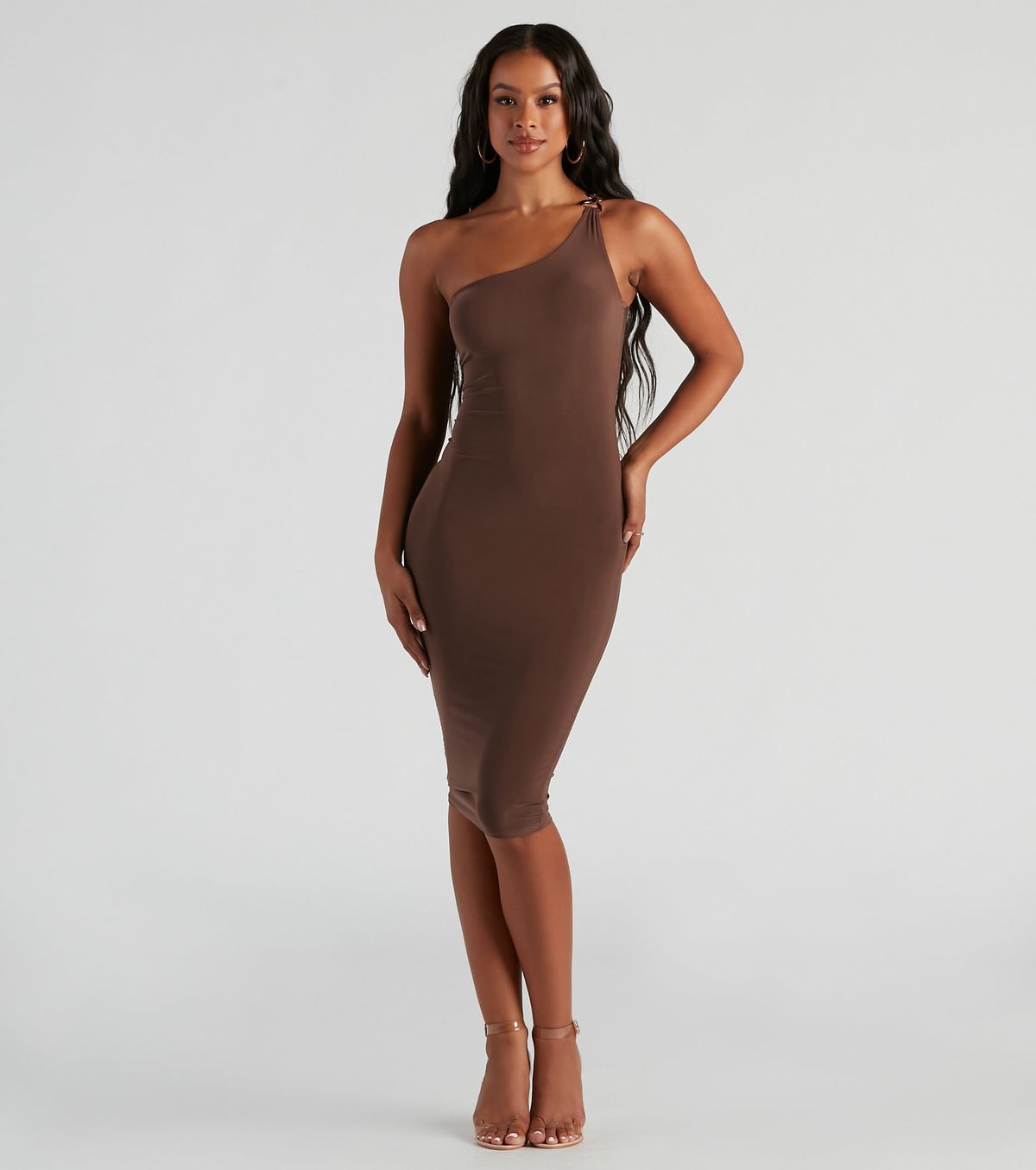 Style 05101-2013 Windsor Size L Wedding Guest One Shoulder Brown Cocktail Dress on Queenly