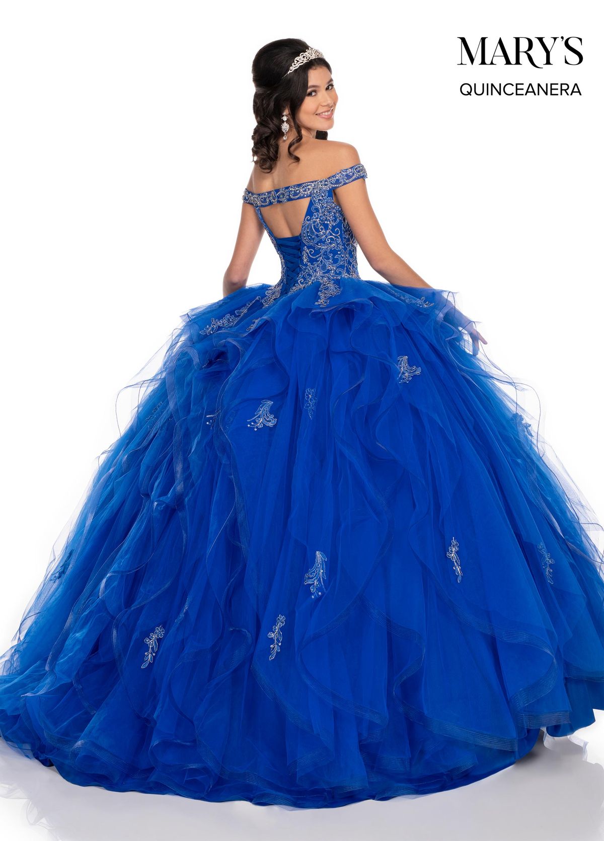 Style MQ1056 Mary's Bridal and Quince  Size 6 Off The Shoulder Lace Royal Blue Ball Gown on Queenly