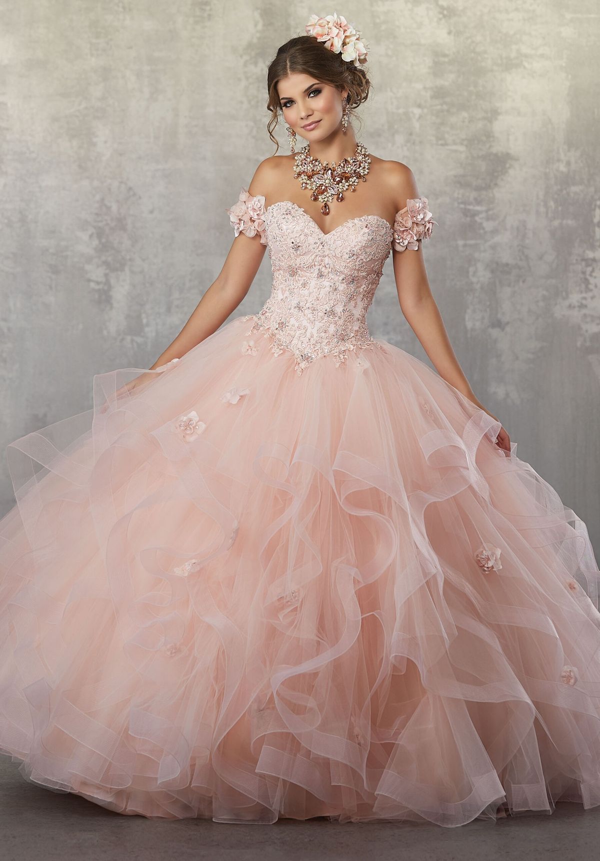 Style #89174 Morilee Madeline Gardner Size 10 Off The Shoulder Lace Light Pink Ball Gown on Queenly