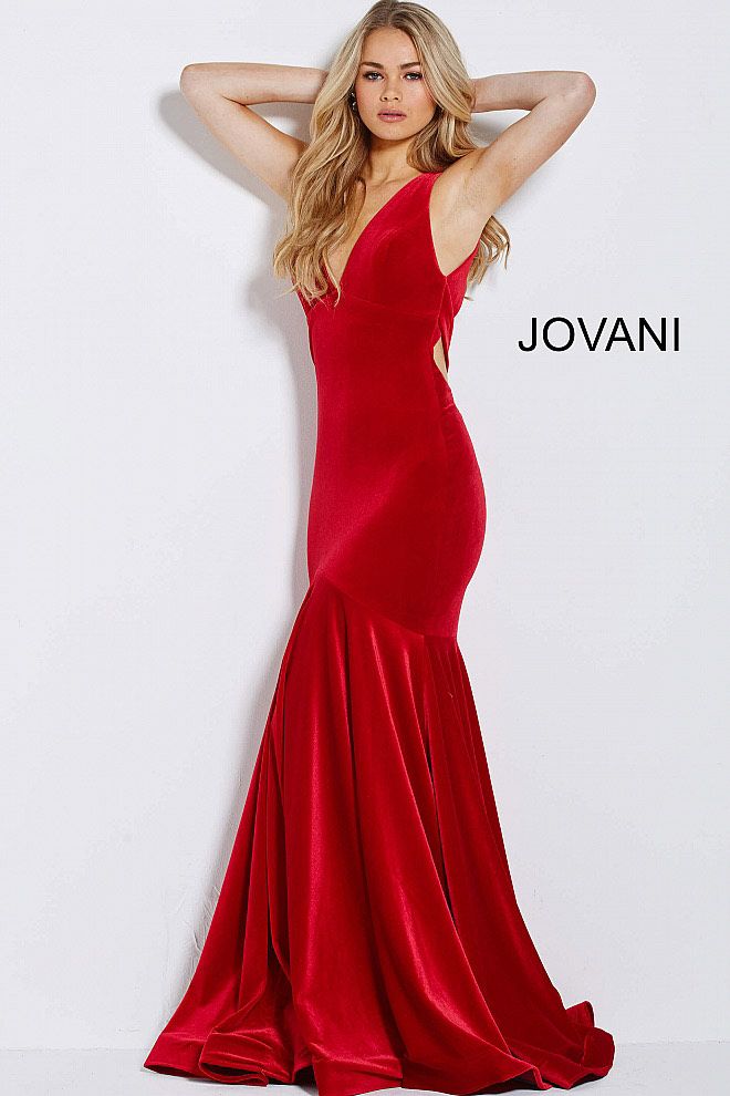 Jovani Size 4 Bridesmaid Plunge Velvet Red Floor Length Maxi on Queenly