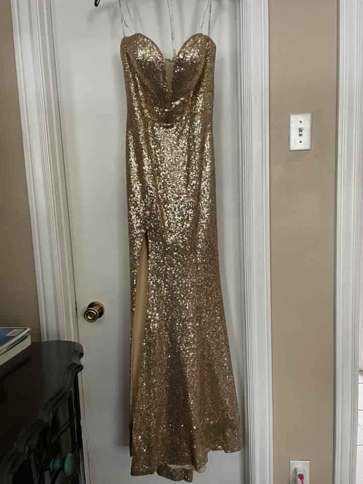 Ellie Wilde Size 4 Pageant Strapless Gold Side Slit Dress on Queenly