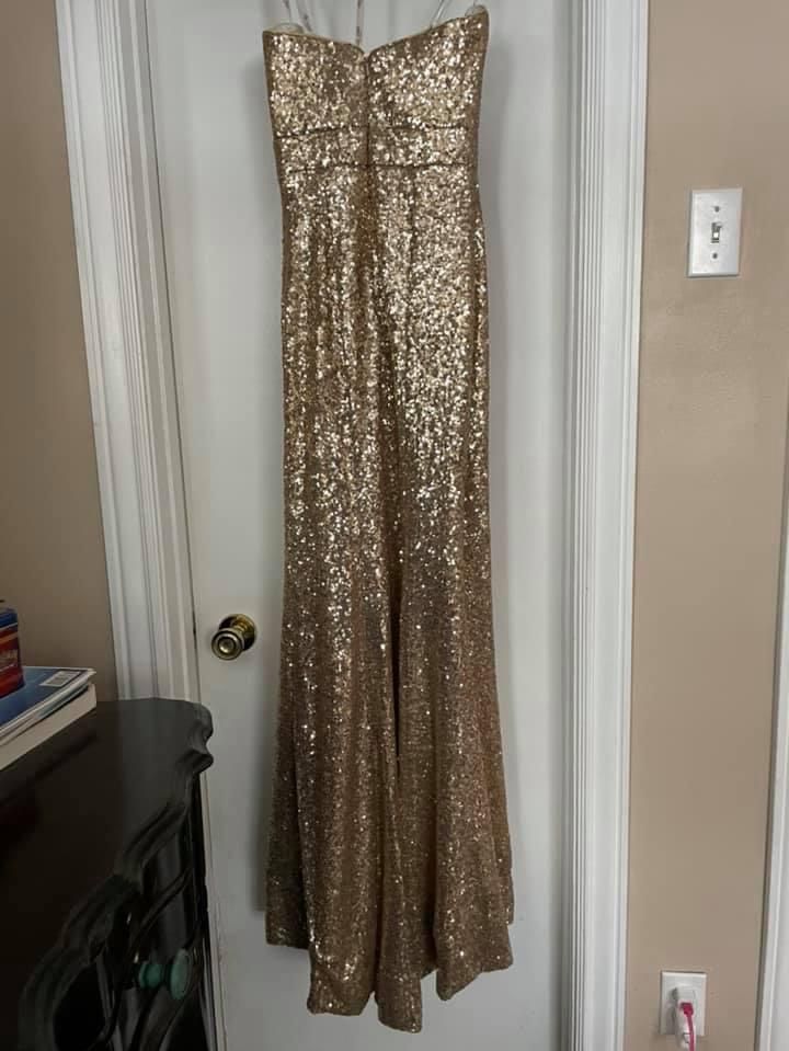 Ellie Wilde Size 4 Pageant Strapless Gold Side Slit Dress on Queenly