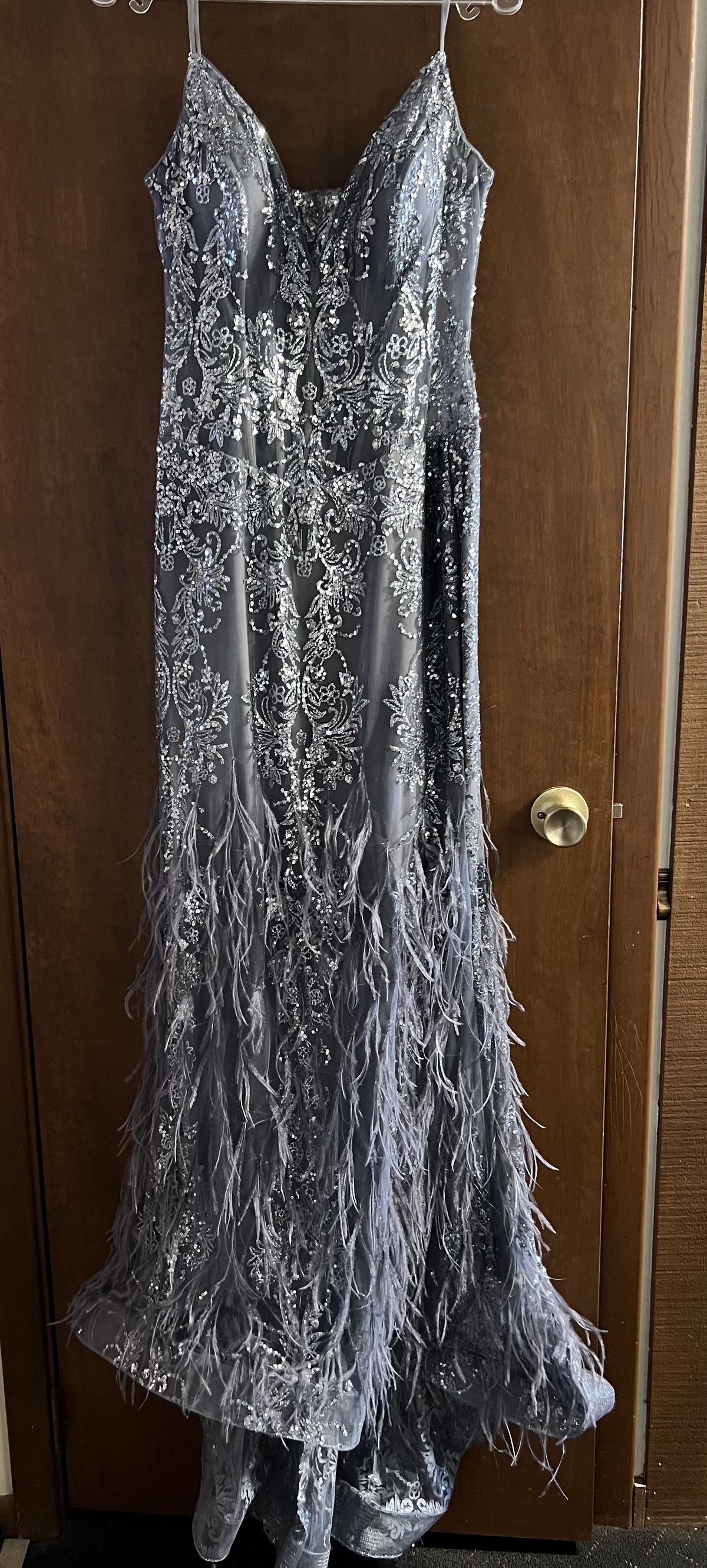 Jovani Size 12 Prom Silver Floor Length Maxi on Queenly