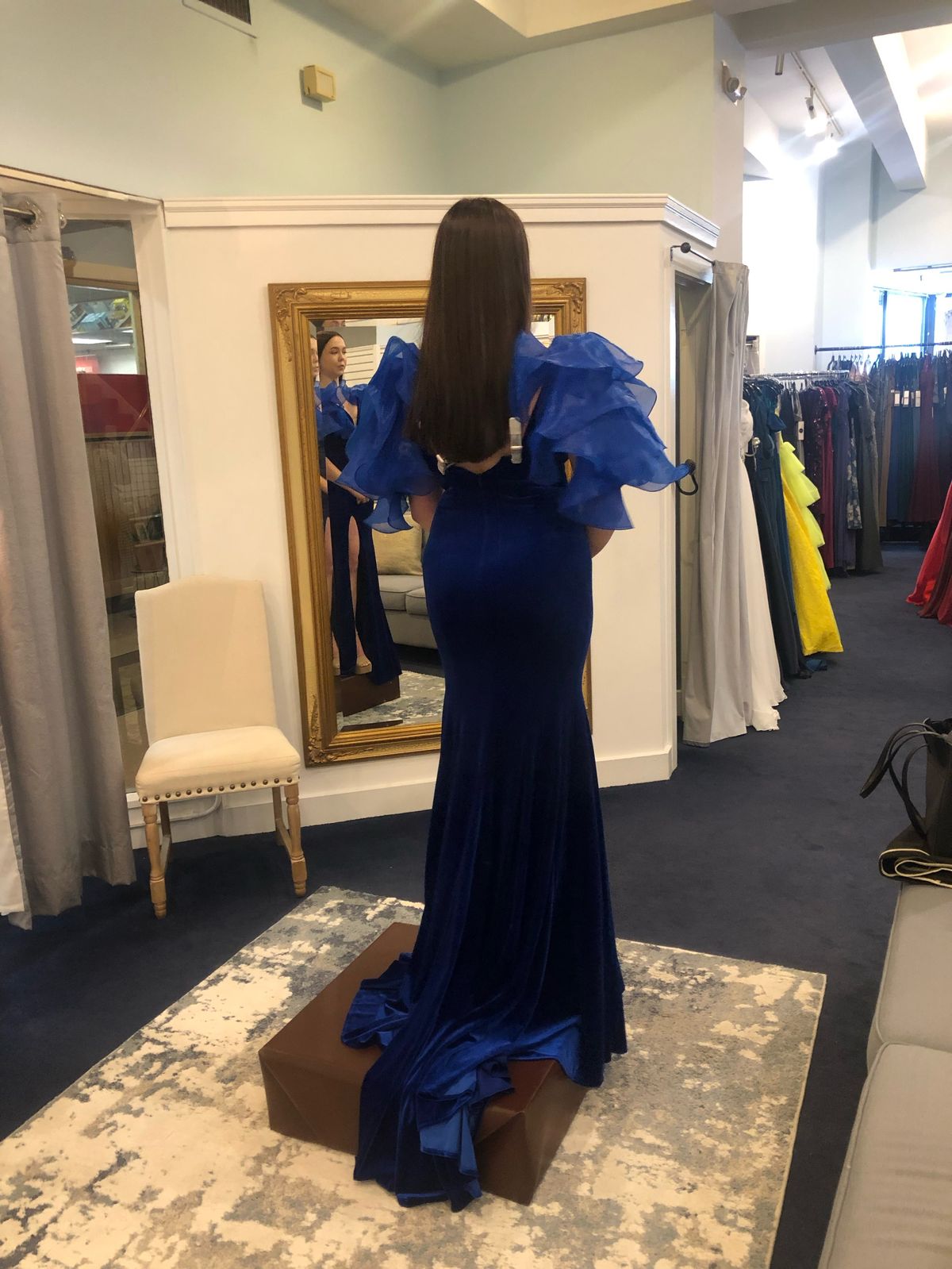 Ashley Lauren Size 6 Pageant Plunge Velvet Royal Blue Side Slit Dress on Queenly