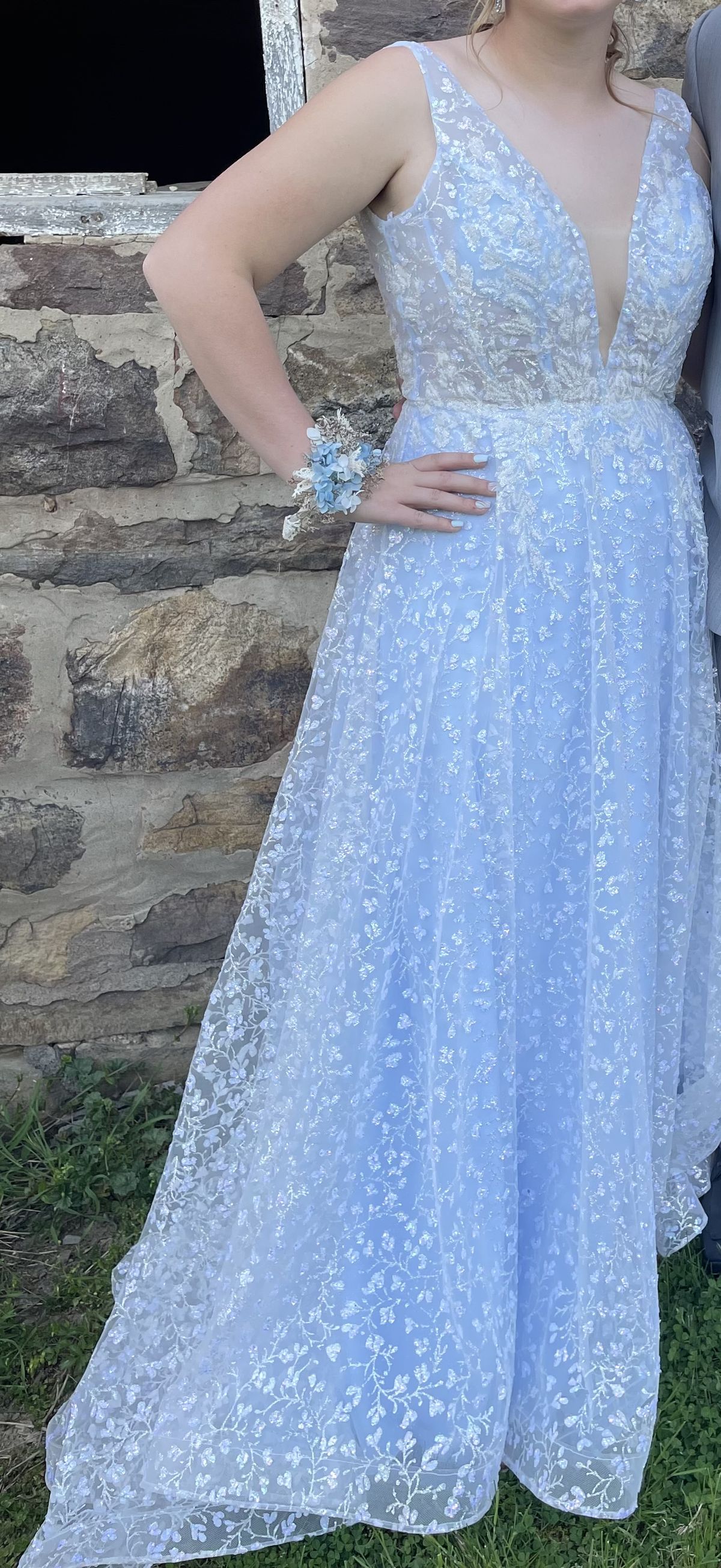 Jovani Size 14 Prom Sheer Light Blue Side Slit Dress on Queenly