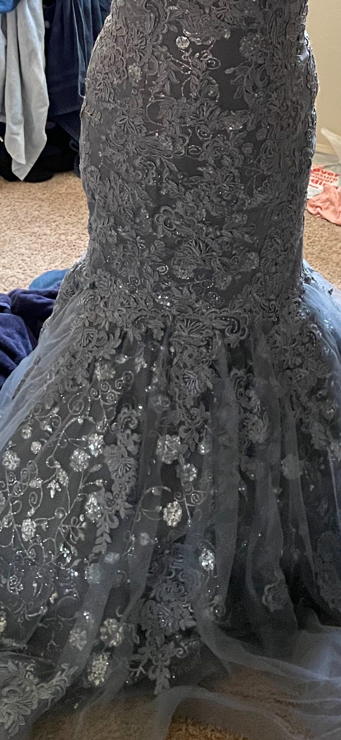 Jovani Size 12 Bridesmaid Strapless Lace Gray Mermaid Dress on Queenly