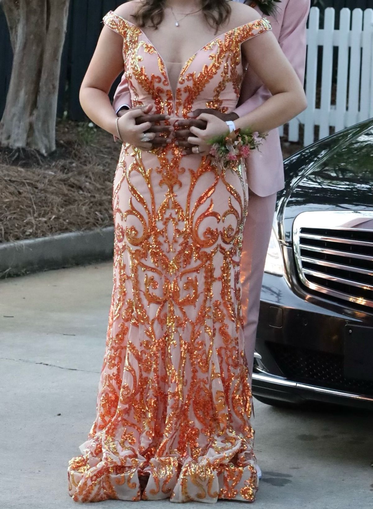 Jovani Size 6 Prom Plunge Sequined Orange Mermaid Dress on Queenly