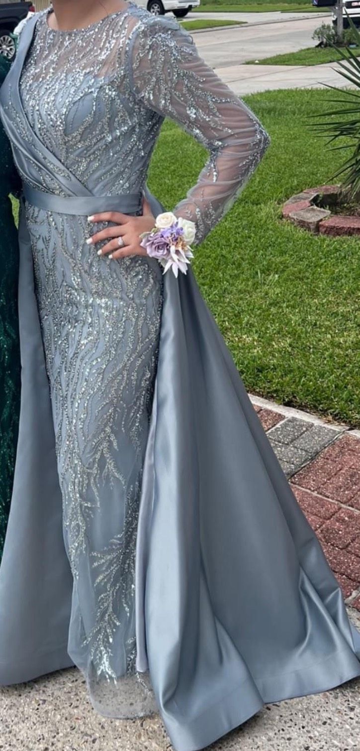 Size 10 Prom Long Sleeve Sequined Silver Floor Length Maxi on Queenly