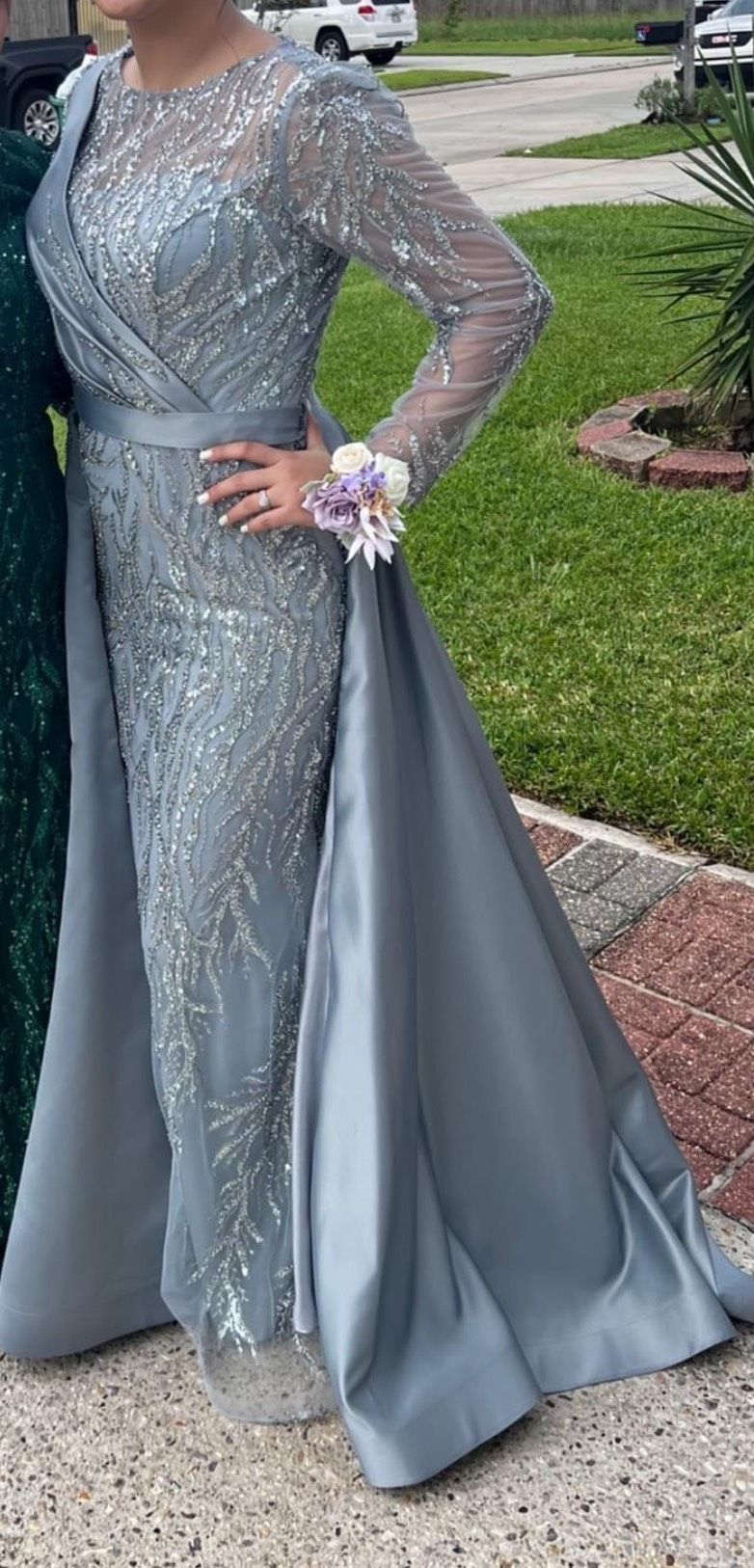 Size 10 Prom Long Sleeve Sequined Silver Floor Length Maxi on Queenly