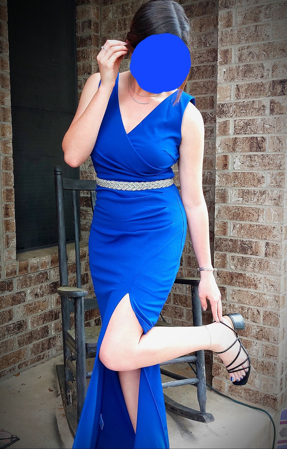 Size 6 Bridesmaid Plunge Sequined Royal Blue Side Slit Dress on Queenly