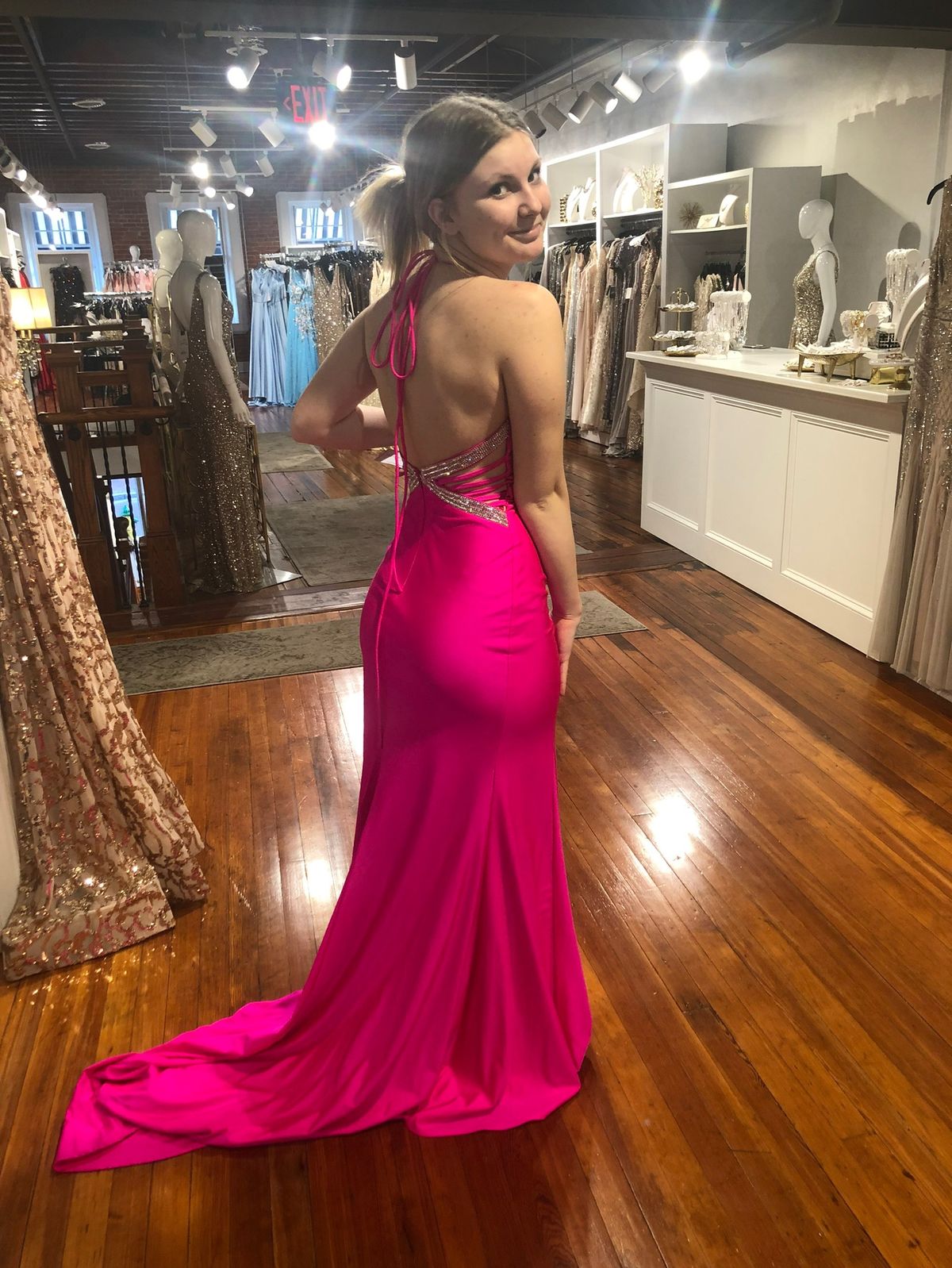 Style #97495 Dave and Johnny Size 0 Prom Sequined Hot Pink Side Slit Dress on Queenly