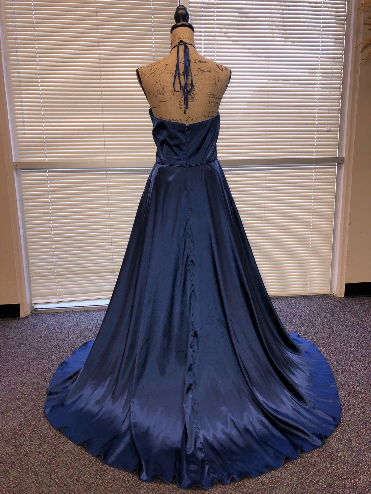 Size 12 Prom Halter Satin Navy Blue Ball Gown on Queenly