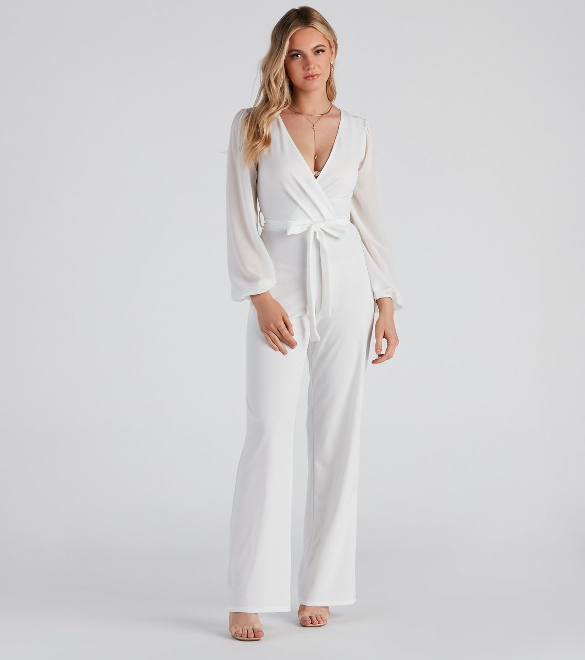 Style 06502-0542 Windsor Size M Wedding Guest Long Sleeve Sheer White Formal Jumpsuit on Queenly
