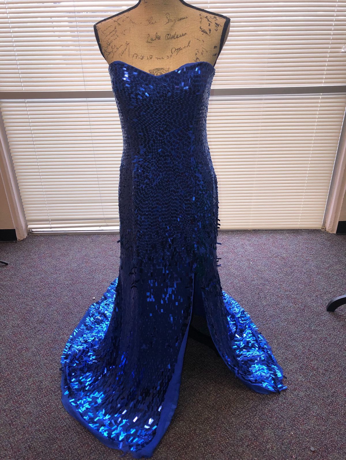 Sherri Hill Size 12 Prom Strapless Sequined Royal Blue Side Slit Dress on Queenly