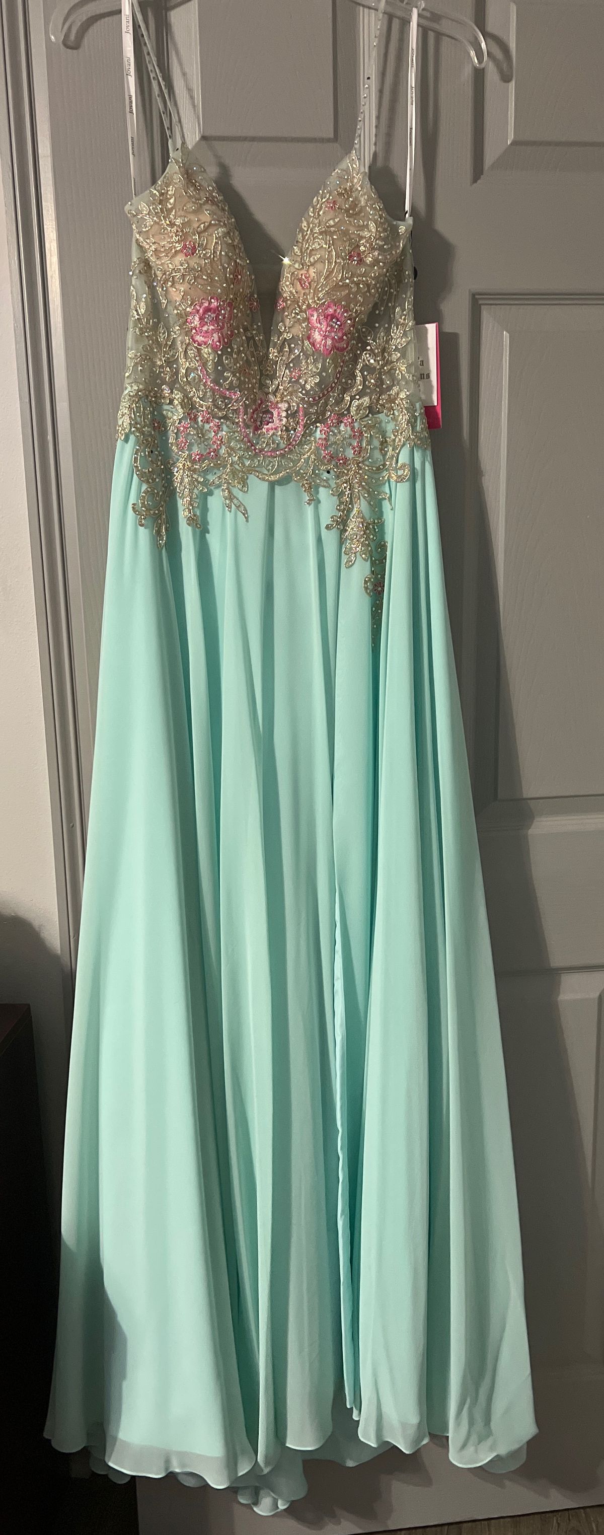 Jovani Size 4 Bridesmaid Plunge Satin Light Green A-line Dress on Queenly