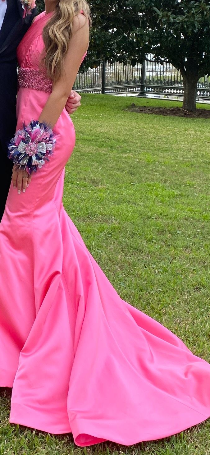 Sherri Hill Size 0 Prom High Neck Sheer Hot Pink Mermaid Dress on Queenly