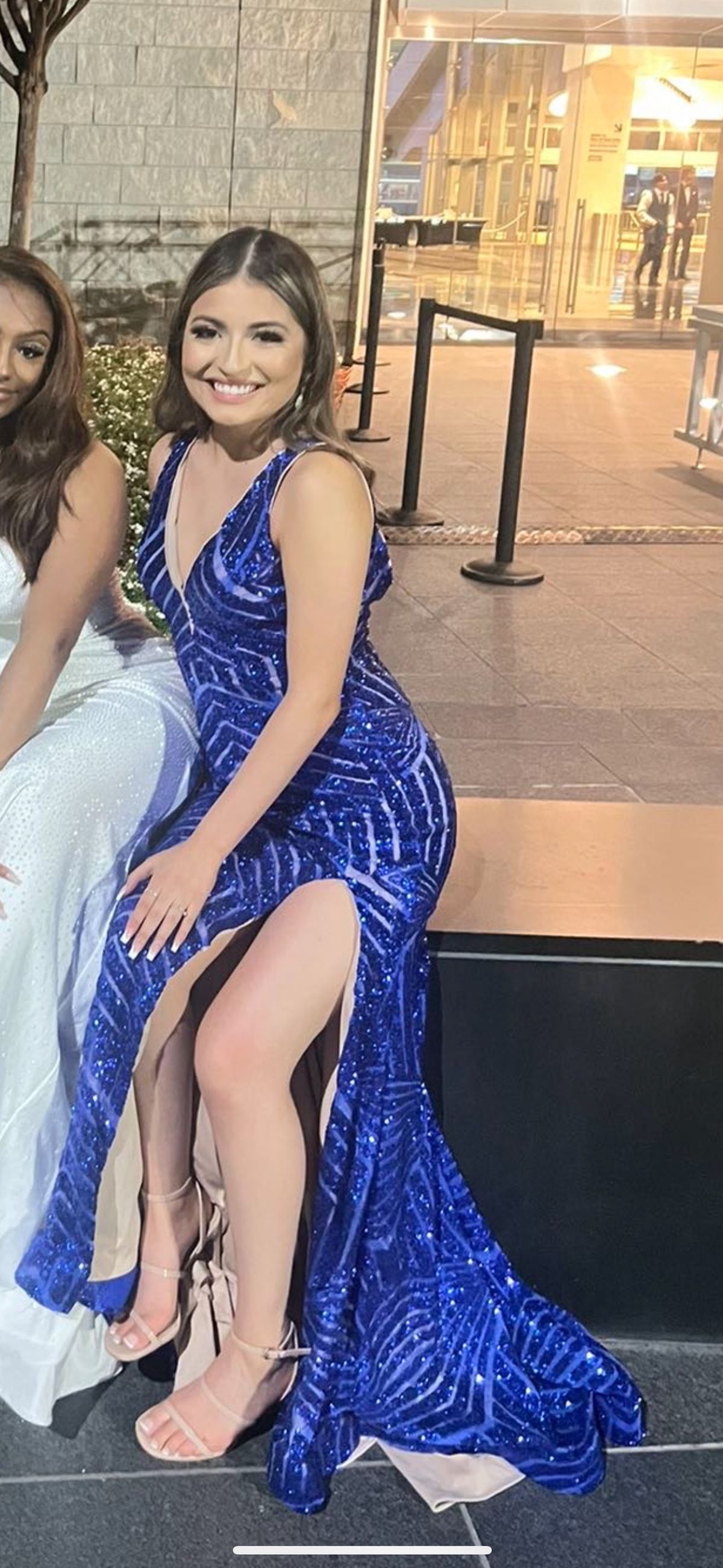 Jovani Size 4 Prom Plunge Royal Blue Side Slit Dress on Queenly